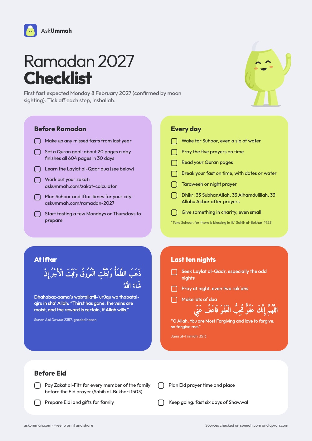Page 1 of the Ramadan 2027 checklist: before Ramadan, every day, at Iftar, last ten nights and before Eid